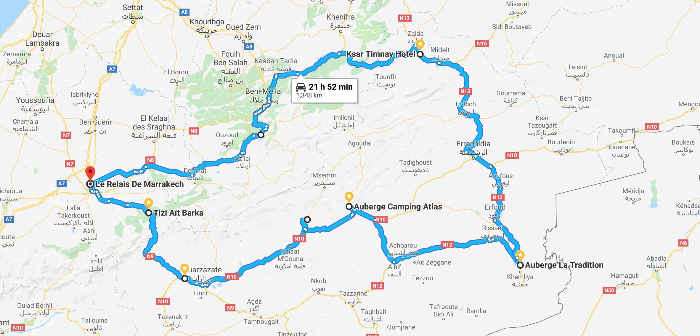 Map of our route, from Marrakech to Merzouga and back.