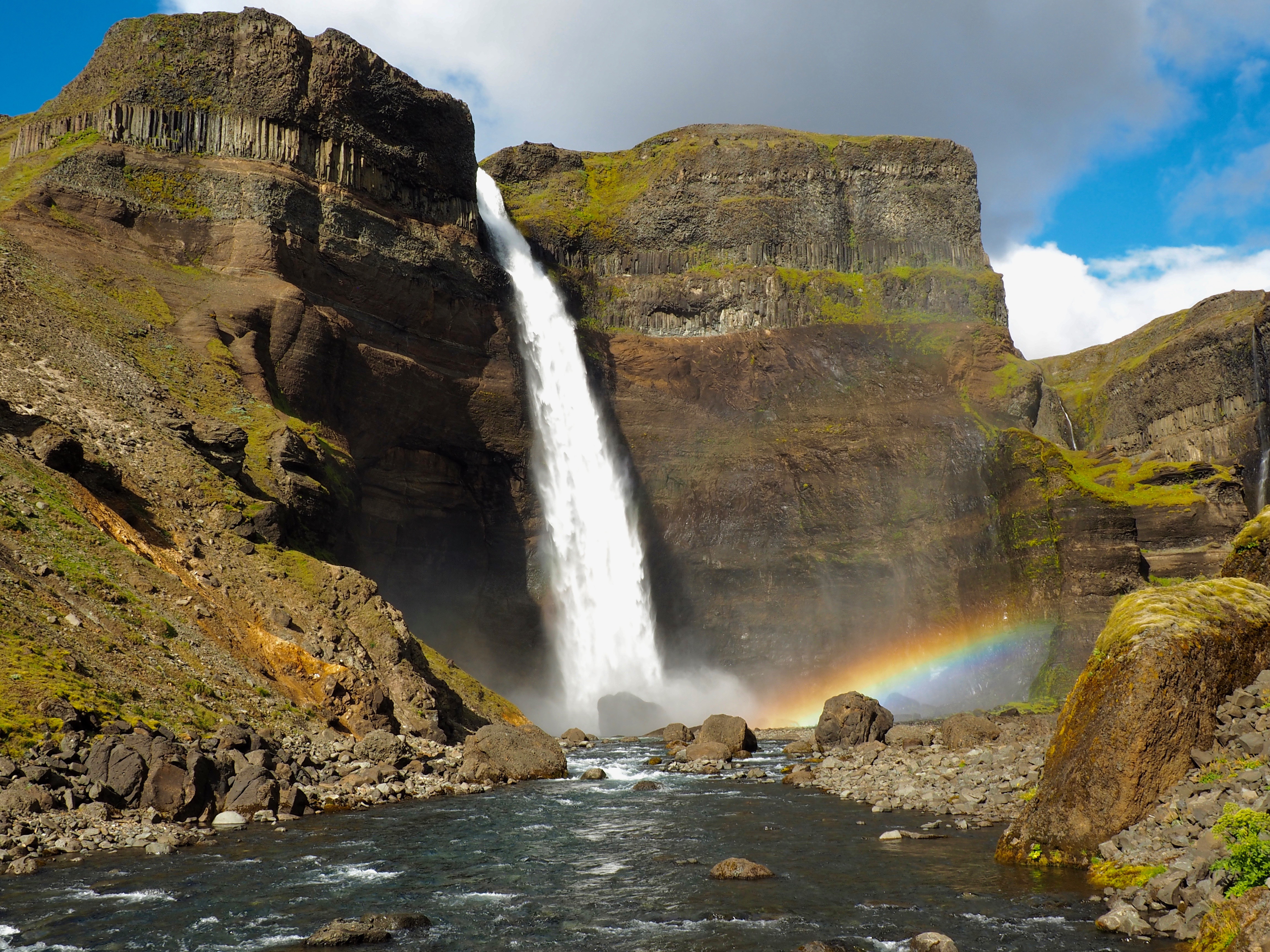 Rainbow coming off the beautiful Háifoss waterfall